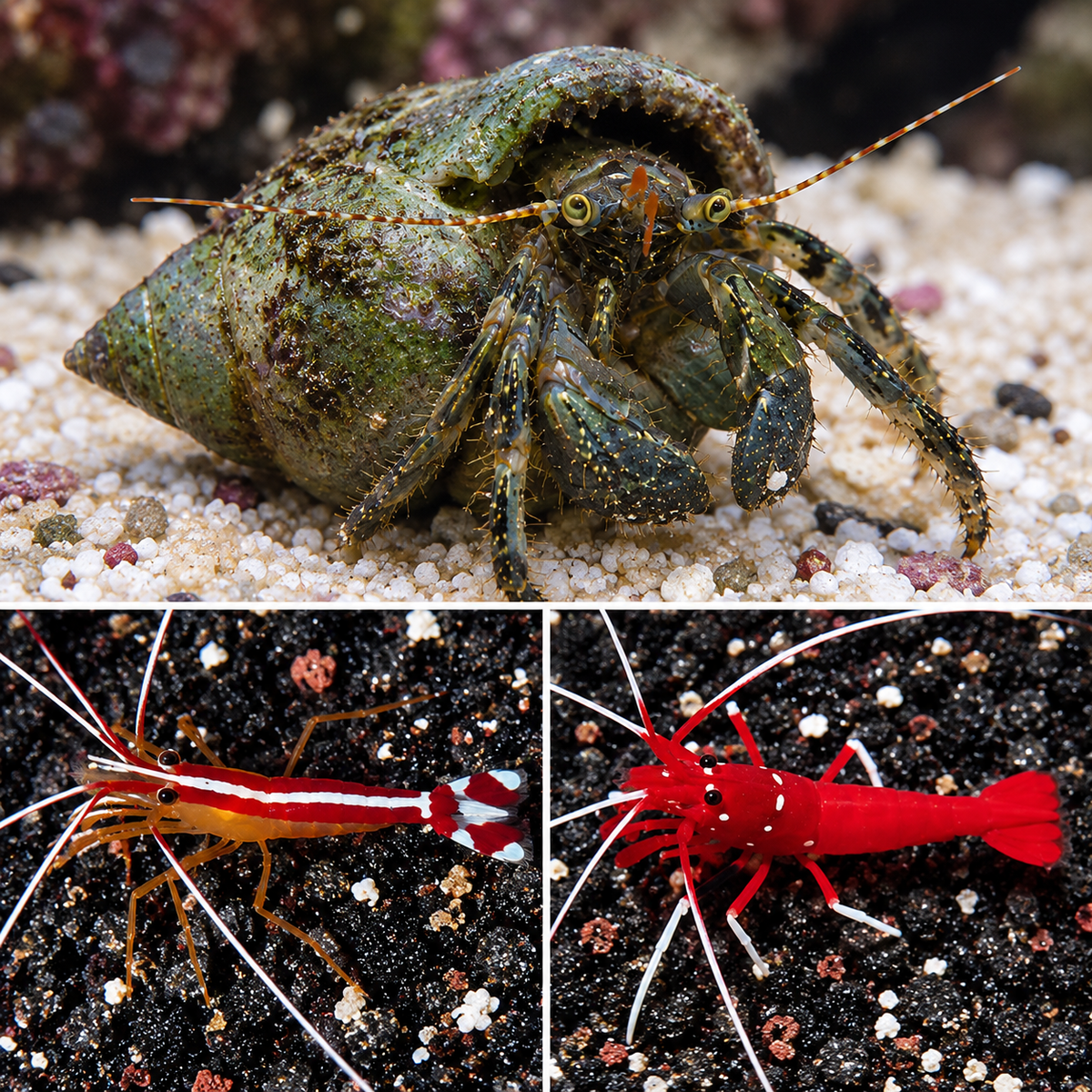 Two Cleaner Shrimp, One Blood Red Fire Shrimp, Six Green Leg Hermit Crabs